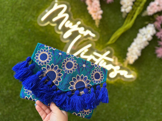 Blue beaded envelope bag